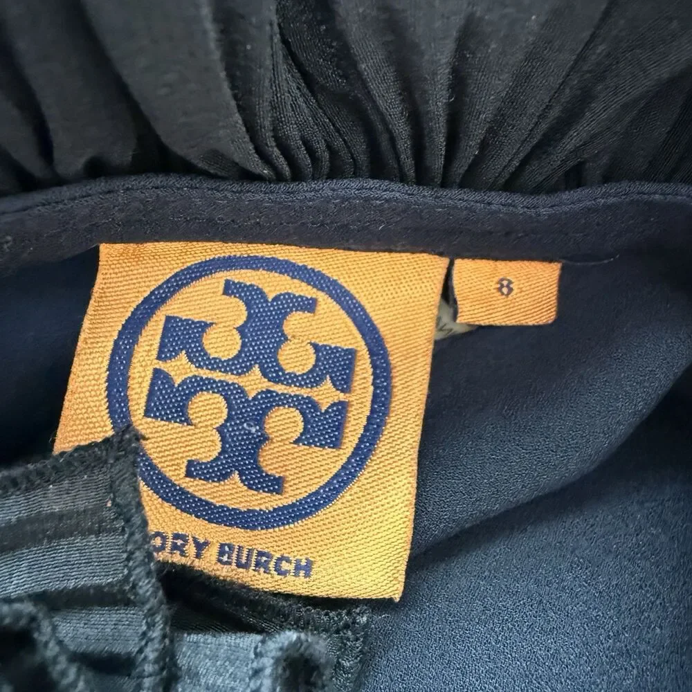Tory Burch Silk Tuxedo Top Size 8 Dark Blue Ruffle Collar Academia Goth Blouse